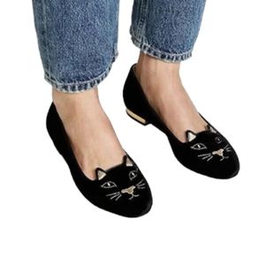 Charlotte Olympia black gold Velvet cat kitten loafer flats sz 9US/40